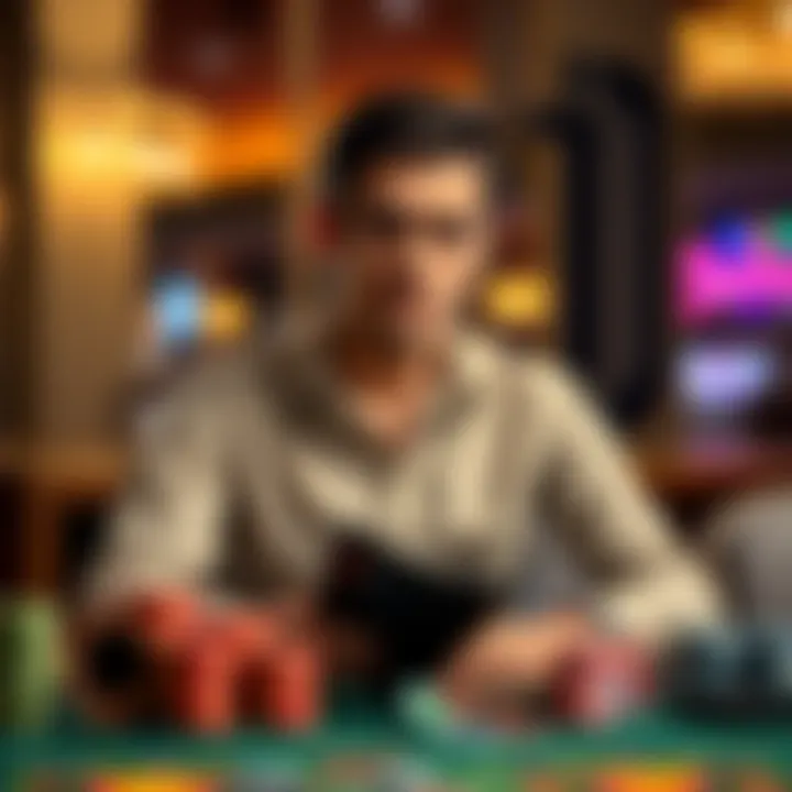 A 26-year-old man sitting alone, looking reflective with a worried expression, surrounded by casino chips and a empty wallet, representing loss and decision-making.