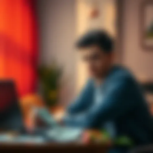 A 22-year-old man looks anxious while sitting at a table with bills and a laptop, contemplating his financial problems.