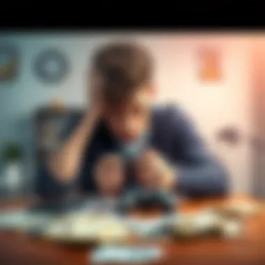 An 18-year-old man sits at a table with his head in his hands, surrounded by bills and a game controller, showing his struggle with debt.