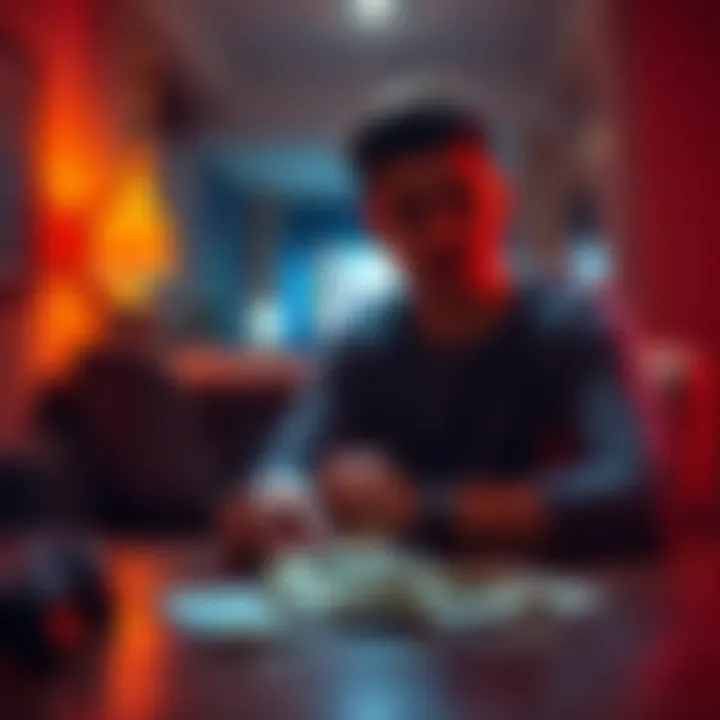 A young adult sitting alone at a table with bills and a broken game controller, looking contemplative about life after gambling addiction.
