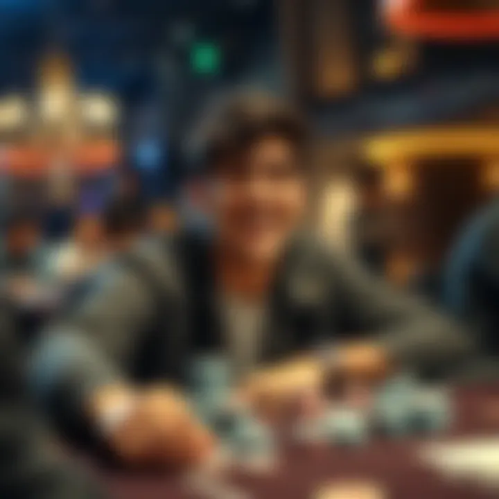 A 20-year-old man smiling at a poker table with chips, showing excitement after winning.