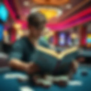 Young poker player studying books An 18-year-old boy sits at a table with poker books open in front of him, focused and deep in thought, surrounded by poker chips and cards at a casino.