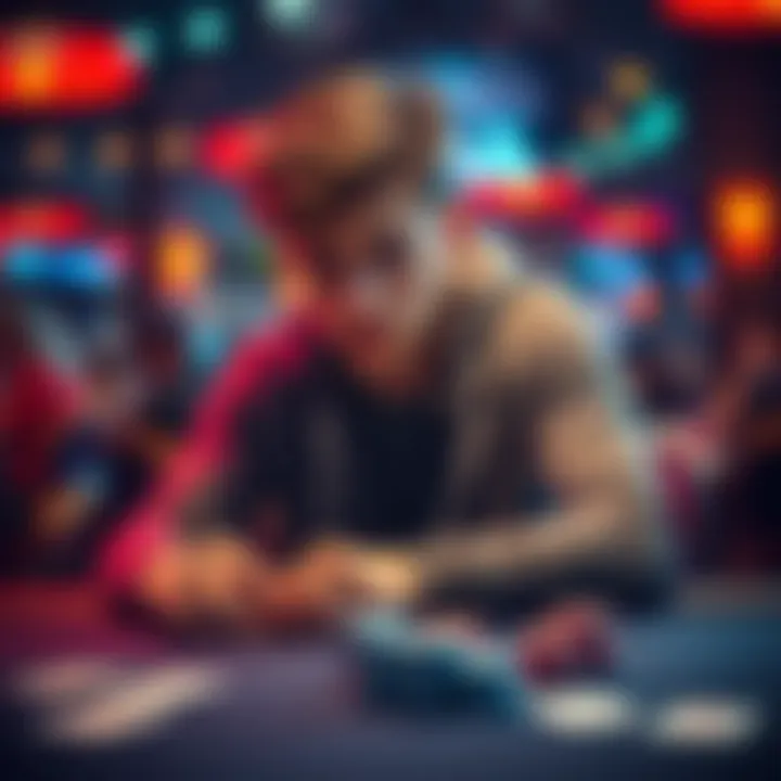 A young poker player sitting at a table with cards, showing concern as he evaluates his game strategies