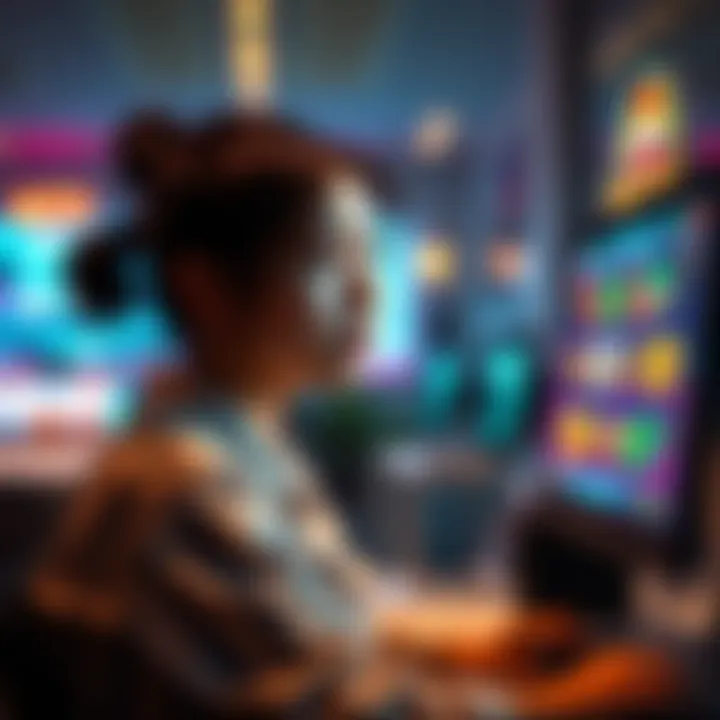 A 20-year-old woman looks worried while sitting in front of her computer with slot game graphics on the screen