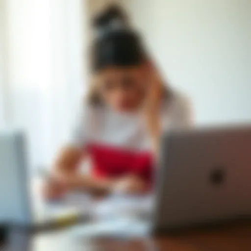 A young woman in her early twenties sitting at a table with bills and a laptop, displaying signs of stress and concern about her finances.