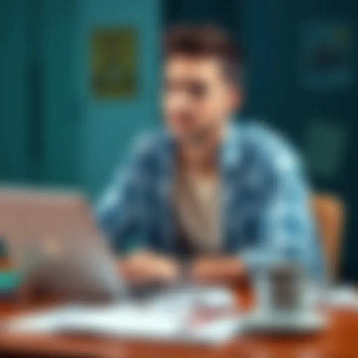 A 20-year-old young man sitting at a desk with a laptop, looking thoughtful about his financial journey, surrounded by notes and a cup of coffee.