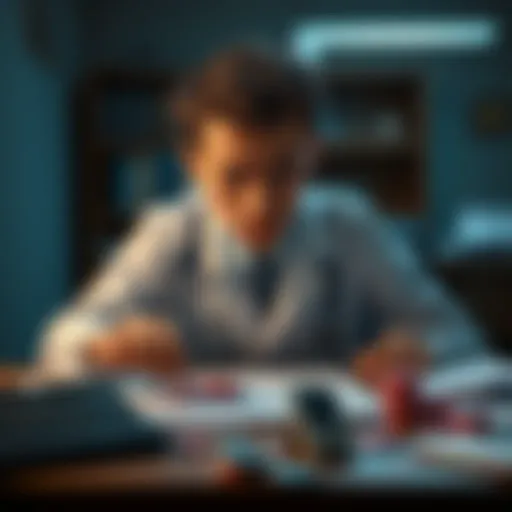 A young doctor looking worried while sitting at a desk with paperwork and gambling chips scattered around, symbolizing his struggle with addiction.
