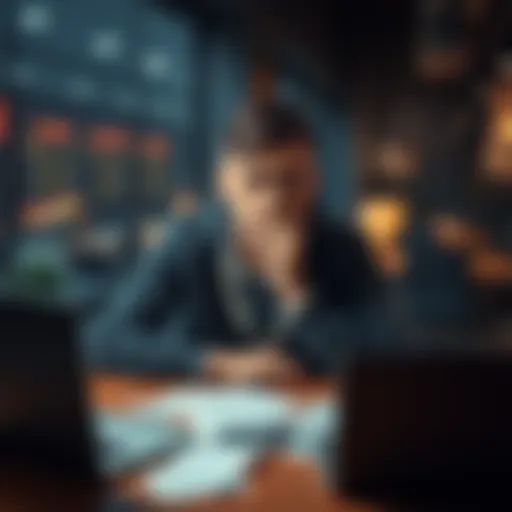 A young man with a worried expression sitting at a table, surrounded by betting slips and a laptop, reflecting on his financial losses from sports betting.