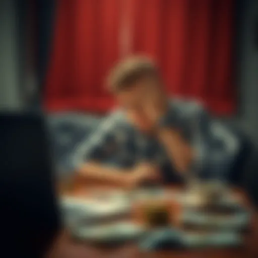 A young man sits at a table with his head in his hands, surrounded by bills and a laptop showing betting sites, expressing sadness and regret over his gambling addiction.