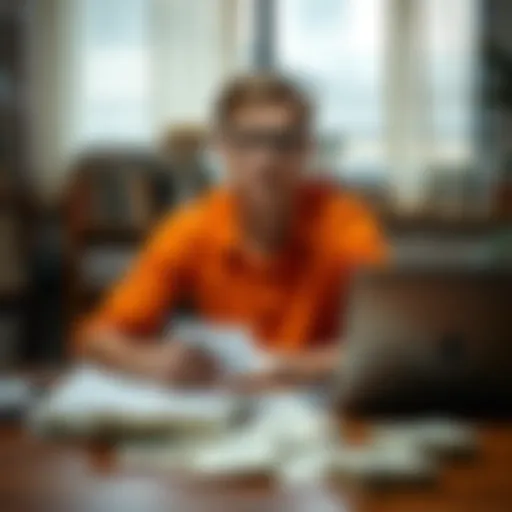 A young man sitting at a table with bills and a laptop, looking worried about his finances.