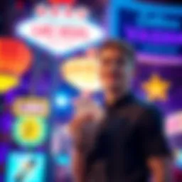 A young man stands in front of colorful Las Vegas casino lights, excited for his 21st birthday weekend, with a few playing cards in hand.