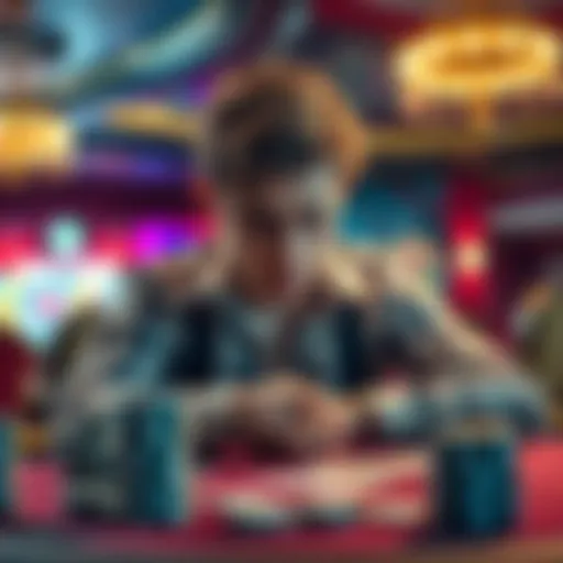 A young man looks distressed while sitting at a casino table, surrounded by chips and cards, after losing money