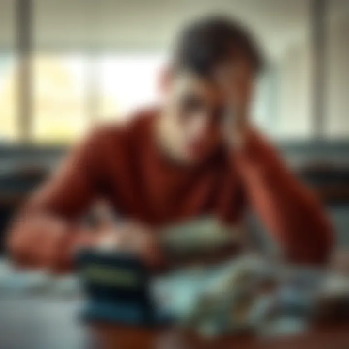 A 22-year-old man looks worried and stressed, sitting at a table with empty wallet and bills scattered around.