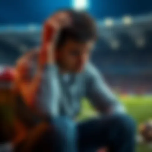 A 26-year-old man sits on a bench, looking worried and holding his head in his hands, symbolizing regret over lost money and relationships from sports betting.