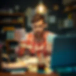 A 32-year-old man looks worried while holding a stack of bills and a calculator, sitting at a cluttered table with a laptop and a job search website open.