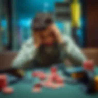 A 23-year-old man sitting alone at a table with his head in his hands, surrounded by empty wallets and gambling chips, reflecting on his financial struggles.