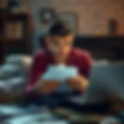 A young man looking stressed while sitting among unpaid bills and a laptop, symbolizing financial struggle and emotional burden.