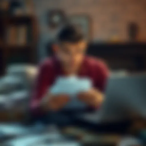 A young man looking stressed while sitting among unpaid bills and a laptop, symbolizing financial struggle and emotional burden.