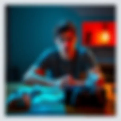 A 23-year-old man sitting at a table with bills and a gaming console in front of him, looking worried and stressed about his debt.