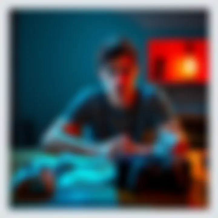 Young man facing financial struggles A 23-year-old man sitting at a table with bills and a gaming console in front of him, looking worried and stressed about his debt.