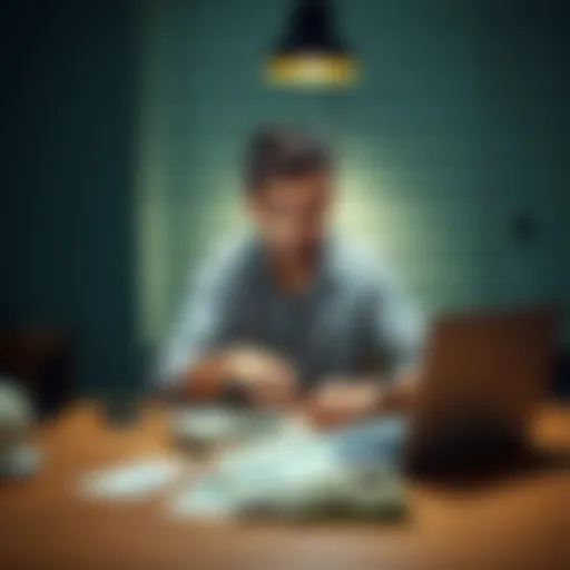 A 27-year-old man sitting alone at a table, looking worried while staring at bills and a laptop, depicting his financial struggles
