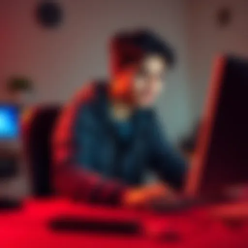 Young man on a computer A young man sitting at a desk, engaging with an online forum, showing a sense of determination and hope.