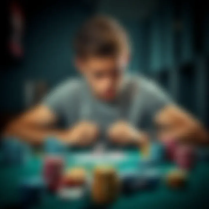 A young man with a worried expression sits at a table surrounded by playing cards and empty chip stacks, symbolizing his struggle with gambling addiction.