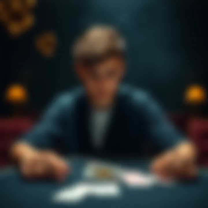 A young man sitting alone at a table, looking thoughtfully at a deck of playing cards, representing his struggle with gambling addiction.