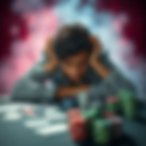 A young man sits at a table, looking distressed with playing cards and chips scattered around, showing the effects of gambling addiction.