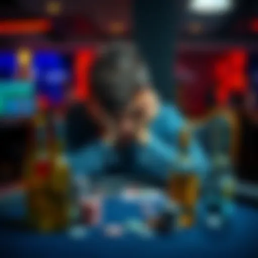 A young man sitting at a table with his head in his hands, surrounded by empty bottles and gambling chips, showing signs of distress from a gambling addiction.