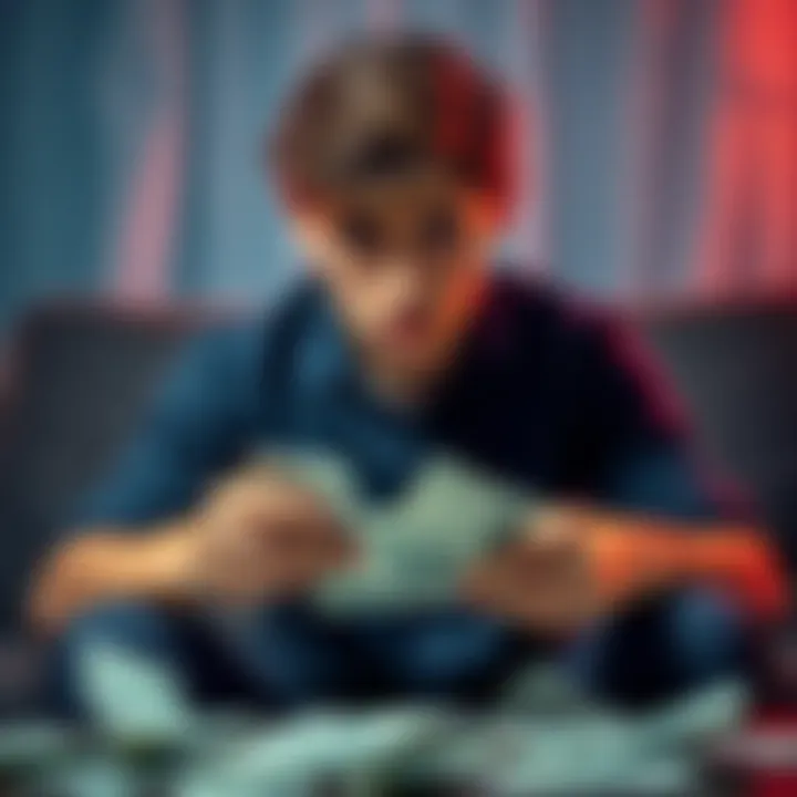 A young man in his twenties sits on a couch with a worried expression, looking at bills spread out in front of him, symbolizing his gambling debt.