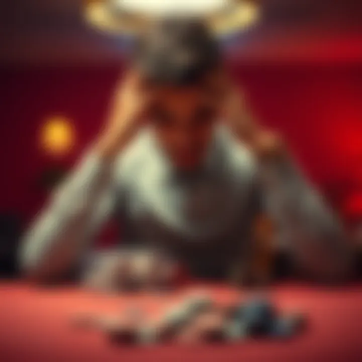 A 26-year-old man sitting at a table with his head in his hands, representing the emotional struggle of gambling addiction.