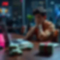 A young man seated at a table looking upset, with a laptop open showing betting sites and a stack of cash near him