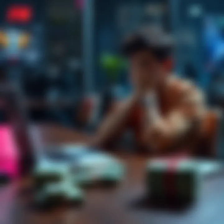 Young man distressed about gambling loss A young man seated at a table looking upset, with a laptop open showing betting sites and a stack of cash near him