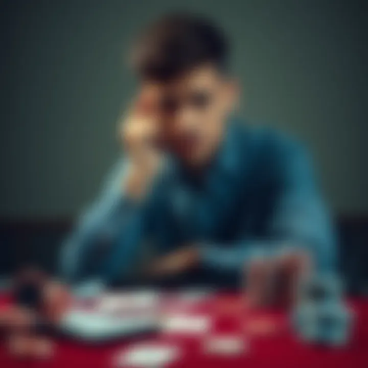 A young man sitting at a table looking worried, with playing cards and chips scattered around him, symbolizing his struggle with gambling addiction.