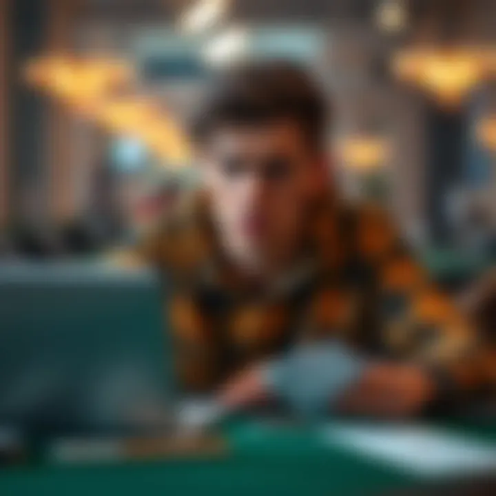 A 22-year-old man looks worried while sitting at a table with betting slips and a laptop, symbolizing his battle with gambling addiction.