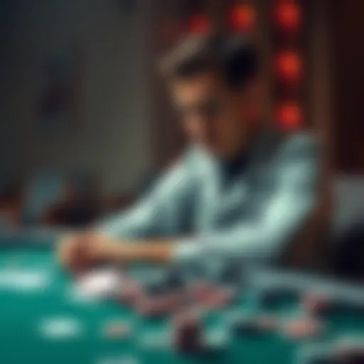 A 24-year-old man sits alone at a poker table, looking distressed, with cards and chips scattered around him, symbolizing his battle with gambling addiction.