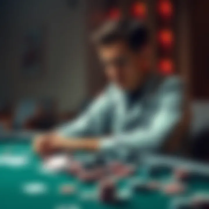 A 24-year-old man sits alone at a poker table, looking distressed, with cards and chips scattered around him, symbolizing his battle with gambling addiction.