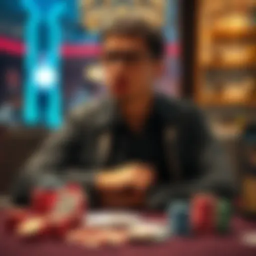 A young man with a distressed expression sits at a gambling table, surrounded by chips and cards, reflecting on his recent loss.
