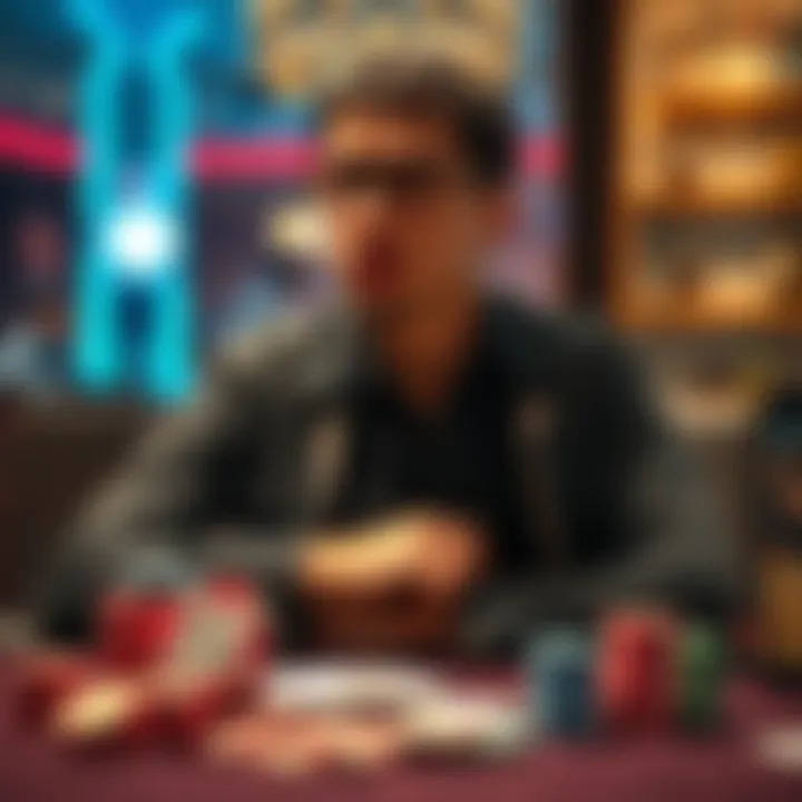 Young man at a gambling table A young man with a distressed expression sits at a gambling table, surrounded by chips and cards, reflecting on his recent loss.