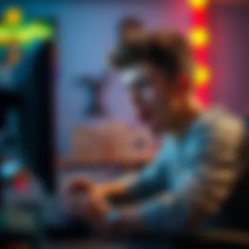 A young man intensely focused on a computer screen while gaming, expressing a mix of excitement and frustration.