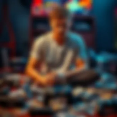 A young man sitting on the floor surrounded by game controllers and bills, looking distressed and hopeless, illustrating his battle with gaming addiction and financial issues.