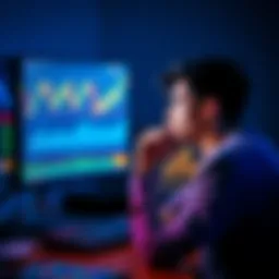 A young man in his late twenties sits at a desk, looking at a computer screen showing cryptocurrency charts with a worried expression, symbolizing his struggle with game addiction and financial loss.