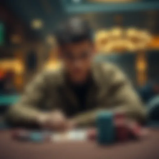 A young man sits at a table, focused on playing poker, with various gambling chips and cards in front of him, showing a mix of determination and anxiety.