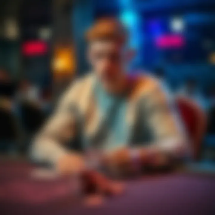 A 28-year-old man sitting at a poker table, looking thoughtfully at his cards and chips, contemplating his future in poker despite lacking passion for the game.