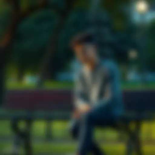 Young man reflecting on his life choices A young man sitting alone on a park bench, looking thoughtful, with a downcast expression, symbolizing struggles with financial losses and gaming addiction.