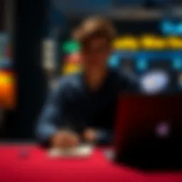 A young man looks pensive, sitting at a table with a laptop and a notepad, contemplating his recent gambling losses.