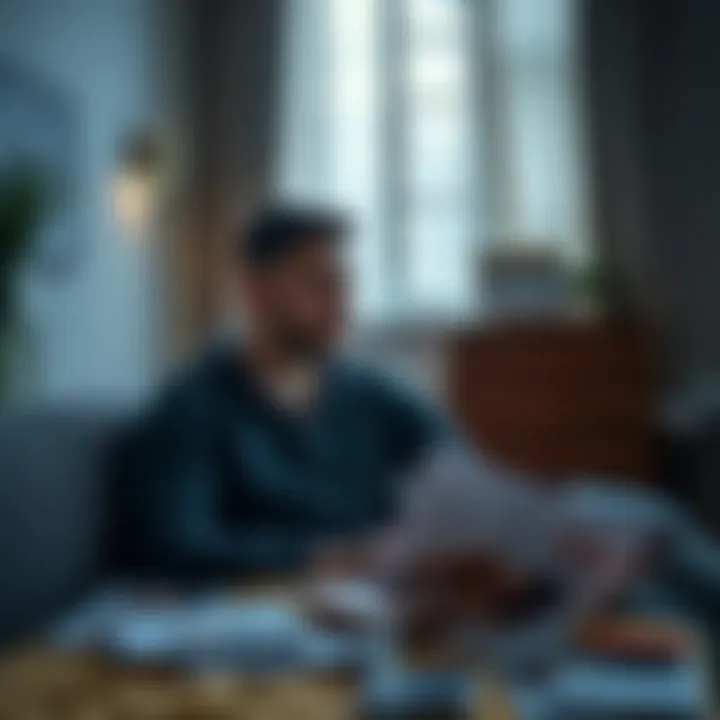 A 27-year-old man sitting in a quiet room, looking thoughtful and concerned, surrounded by massage therapy brochures and bills