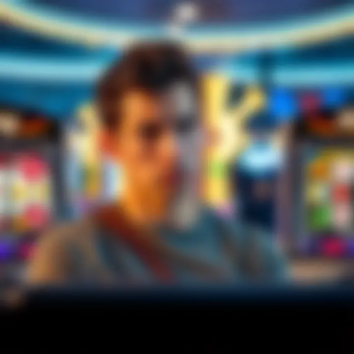 A young man with a worried expression sits in front of a slot machine in a casino, reflecting his struggle with gambling addiction