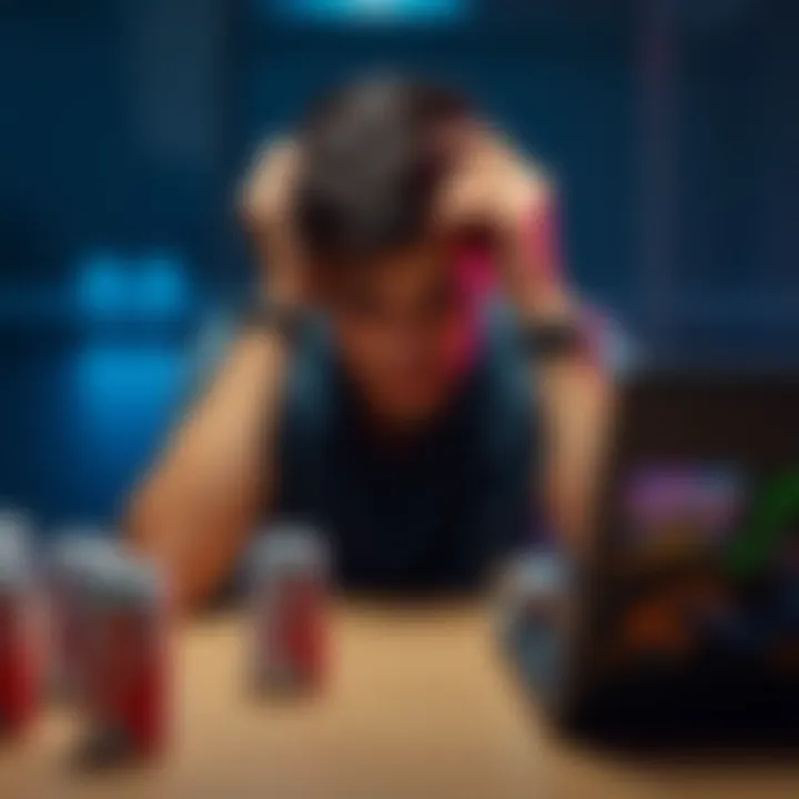 A 23-year-old man sitting alone at a table, looking distressed and holding his head in his hands, surrounded by empty soda cans and a laptop displaying gaming graphics.
